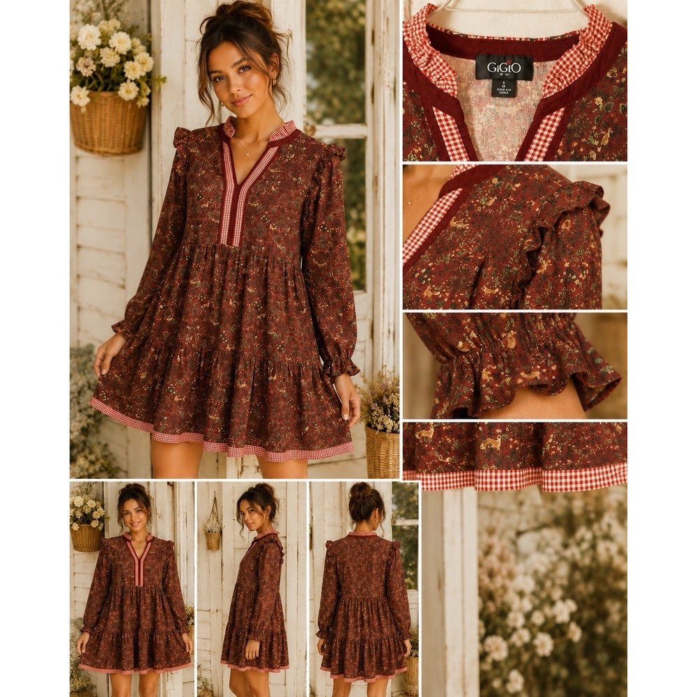 GiGiO By Umgee Cottagecore Floral Deer Print Babydoll Dress Ruffle Boho Sz Large